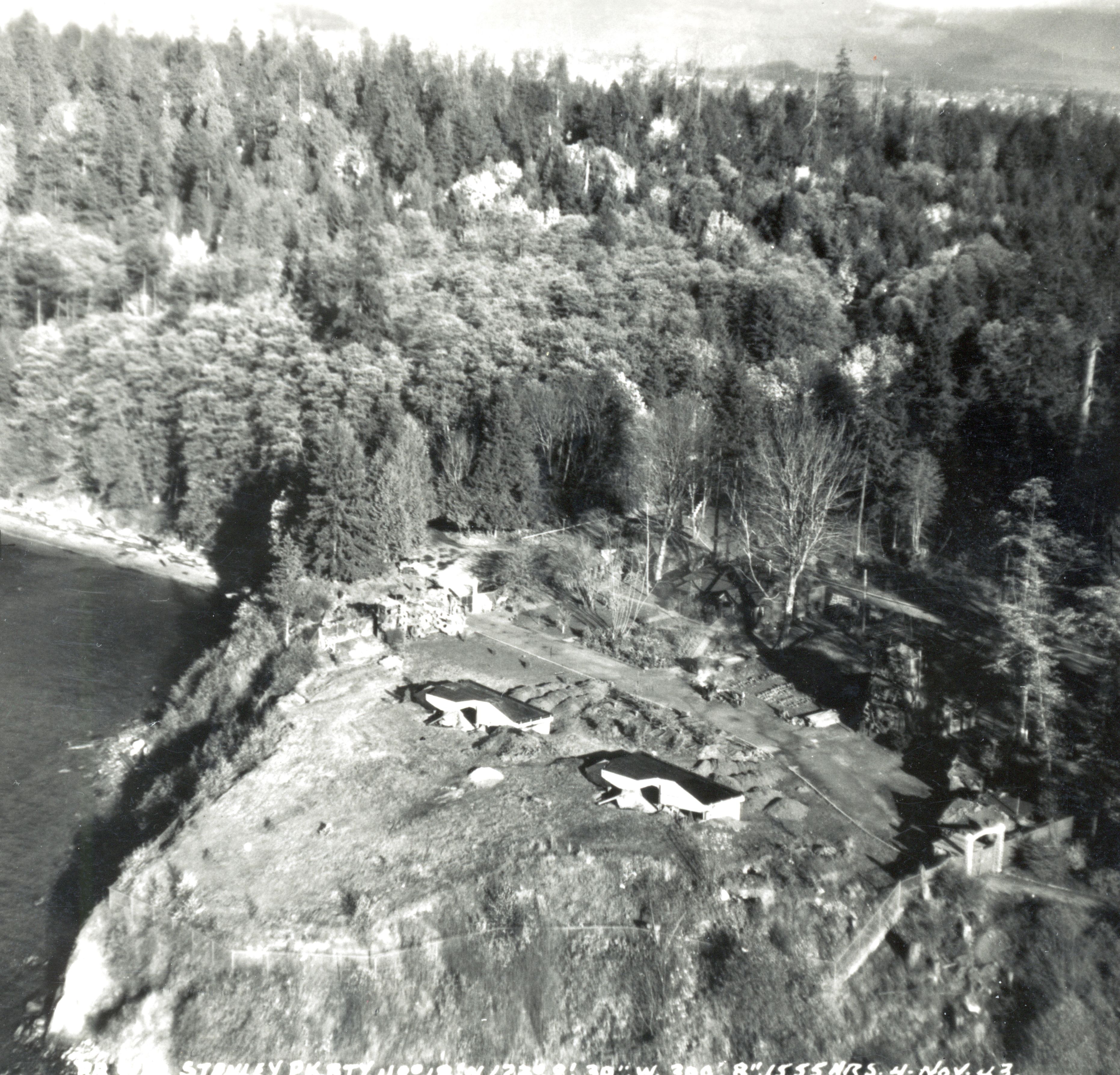 An aerial view of the Stanley Park battery depicting late-war concrete housings over the 4.7-inch guns. Photo courtesy 15 Field Regiment Royal Canadian Artillery Museum and Archives.