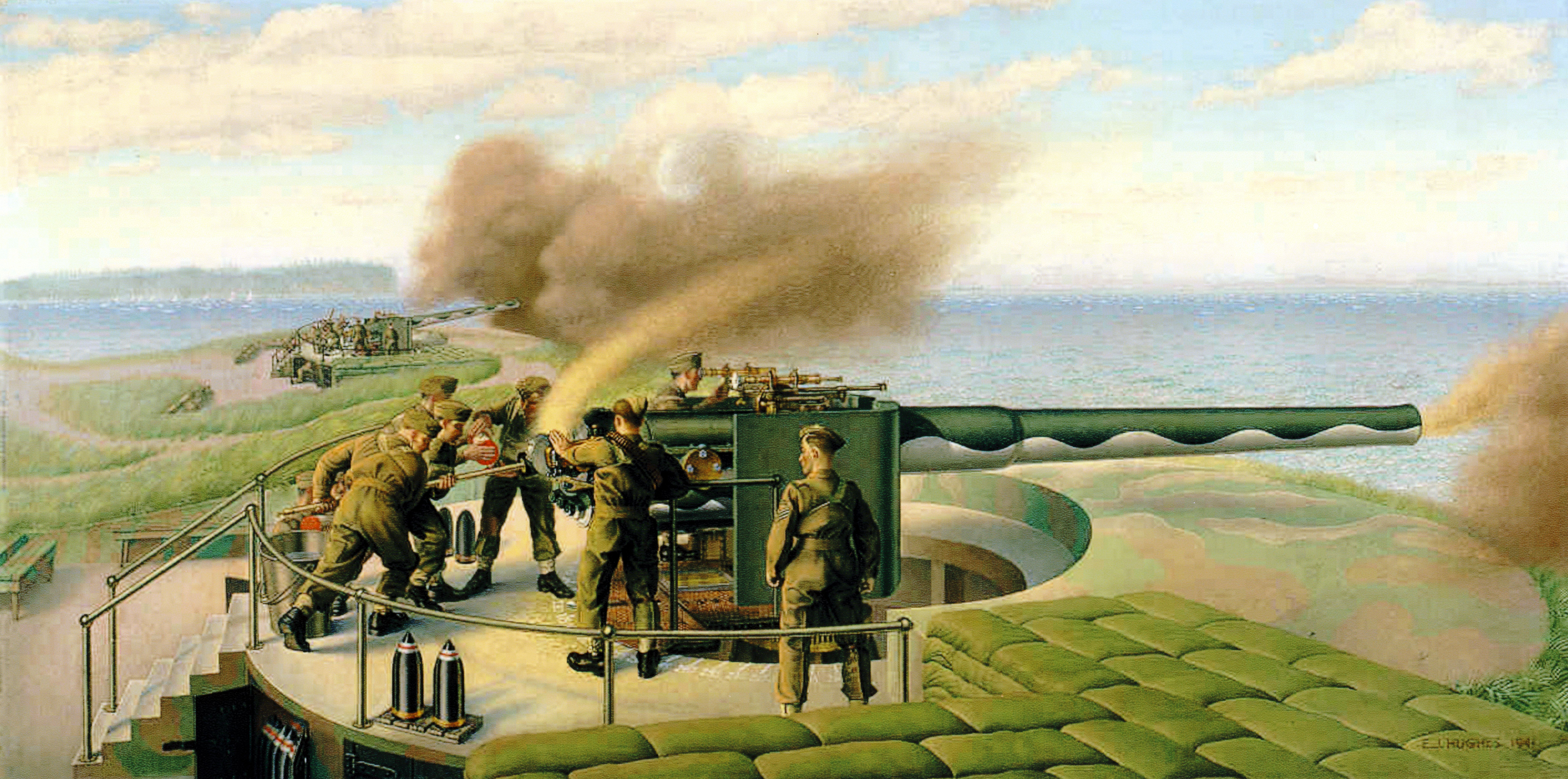 A painting depicting seven soldiers operating a large cannon along the sea coast.